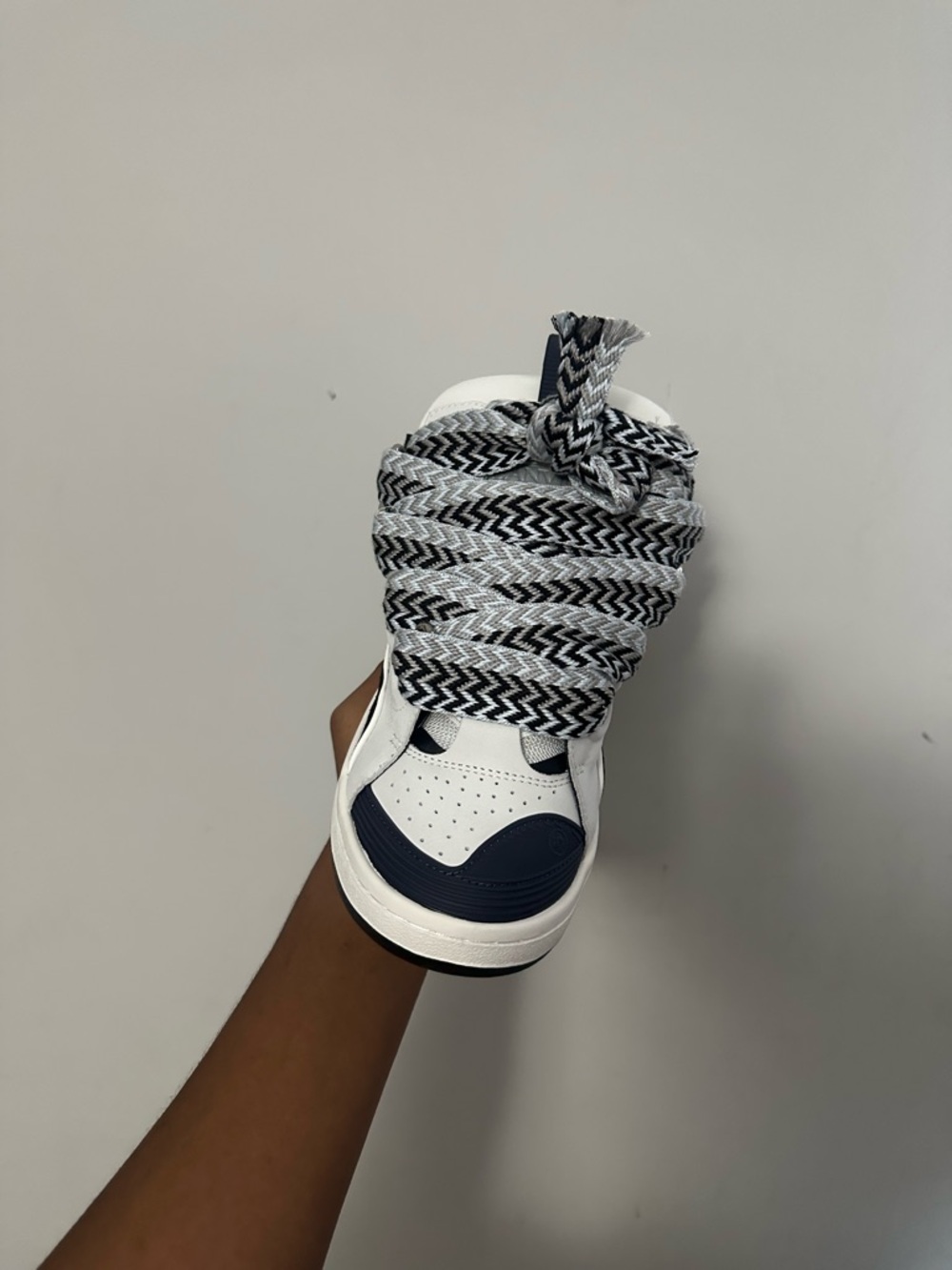 Lanvin White and Navy Chunky Low-Top Sneaker with Chevron Laces